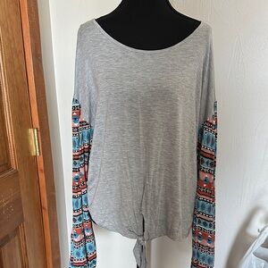 Wrangler Gray Top with Colorful Patterned Sleeves